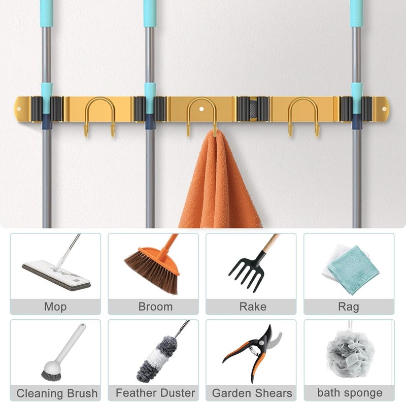 GUUKAR Mop Broom Holder Wall Mount, 2 Packs Gold Stainless Steel Tool Storage Organizer for Kitchen Garden Garage Laundry Room Bathroom and RV with 4 Slots 6 Hooks - Image 5